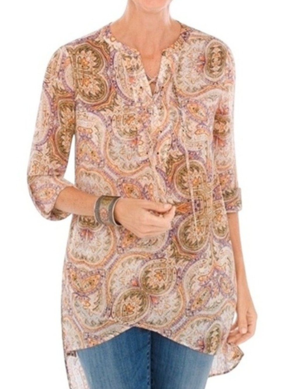 Chico's Paisley Sheer Asymmeterical Tunic Top in Multi-Color Size 1=Medium
